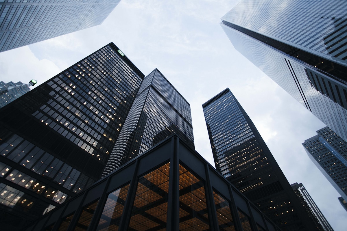 Privia Security headquarters exterior, glass tower low angle