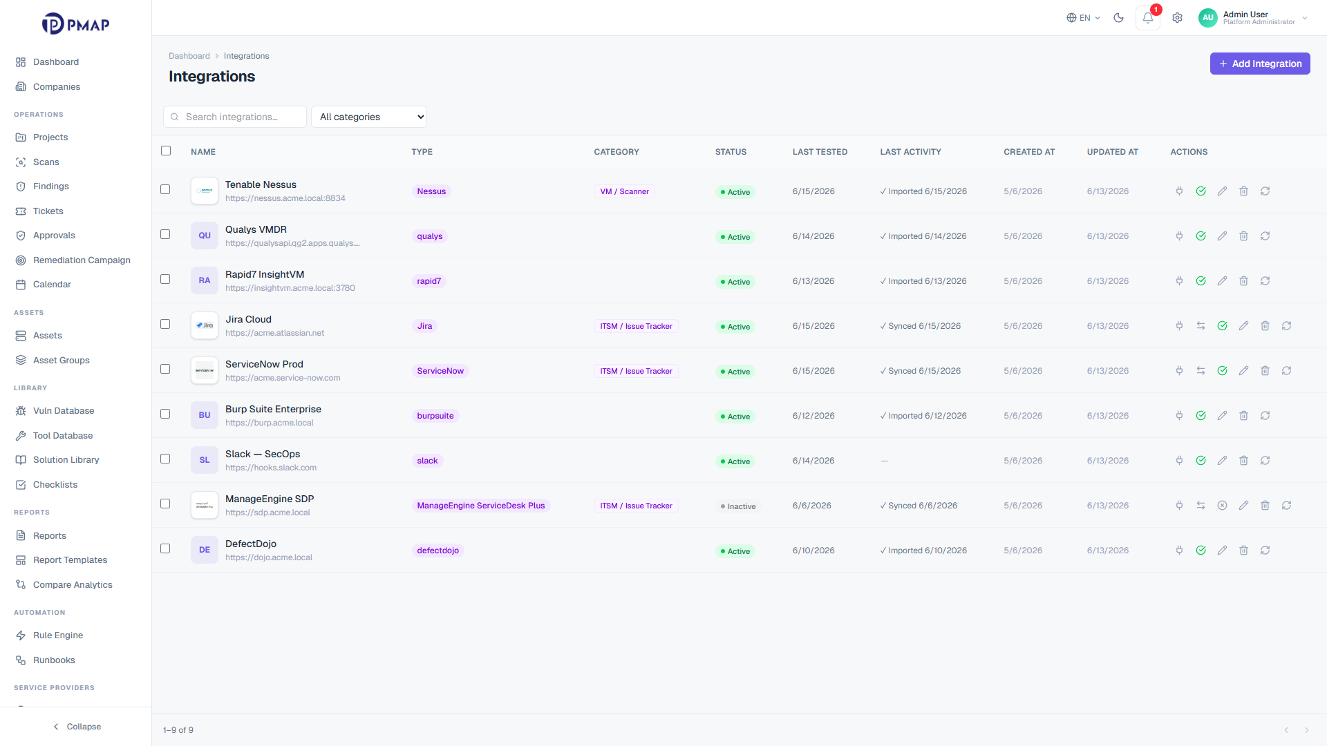 PMAP integrations screen listing connected vendors including Tenable Nessus, Qualys VMDR, Rapid7 InsightVM, Jira, and ServiceNow with their category and connection status