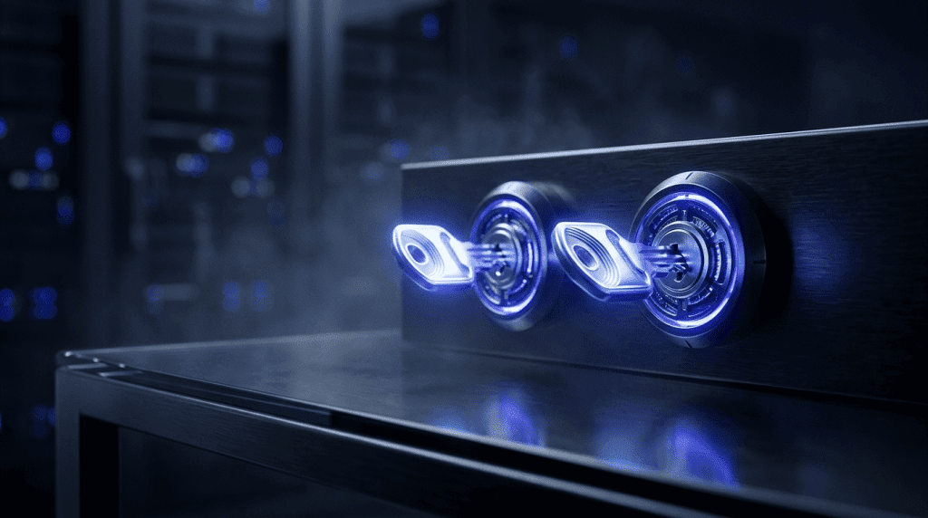 Two glowing blue circular vault locks on a sleek steel safe in a data center environment.