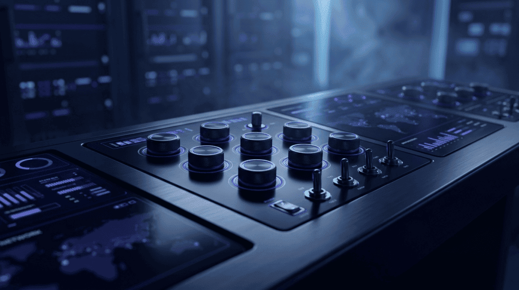 Close-up of a high-tech control panel with illuminated knobs and switches in a data center server room.