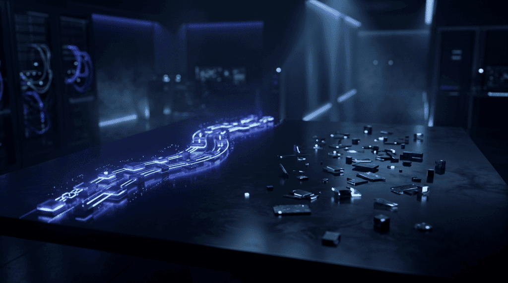 Futuristic lab scene with a glowing blue circuit path on a table and scattered metal bits, in a dim server-room backdrop.
