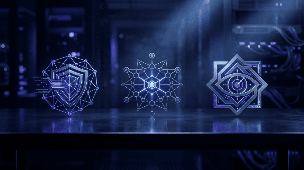 Three glowing holographic security symbols (shield, network, eye) levitate above a table in a dark data-center/server room, signaling cybersecurity.