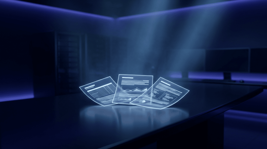 Holographic papers glow on a dark, glossy table in a blue-lit server room, resembling floating documents.