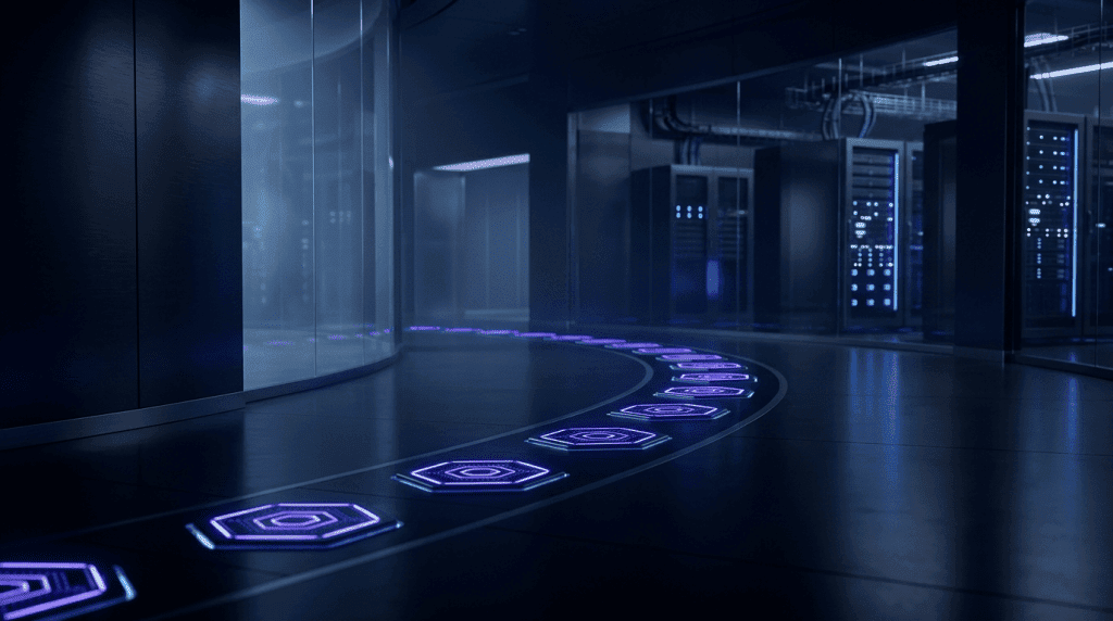 Futuristic data center corridor with glowing purple hexagonal floor markers forming a curved path toward server racks in the background.