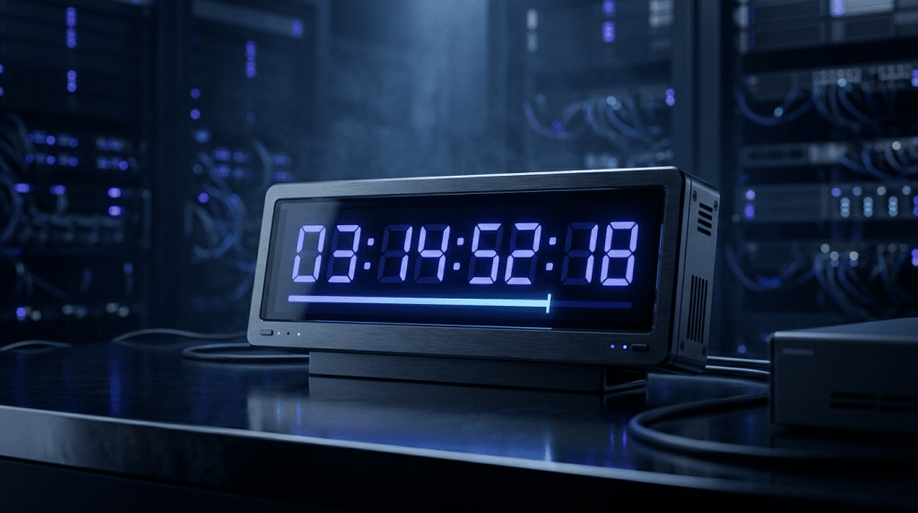 Digital countdown timer with blue LED digits (03:04:52:08) on a metal console in a data center/server room.
