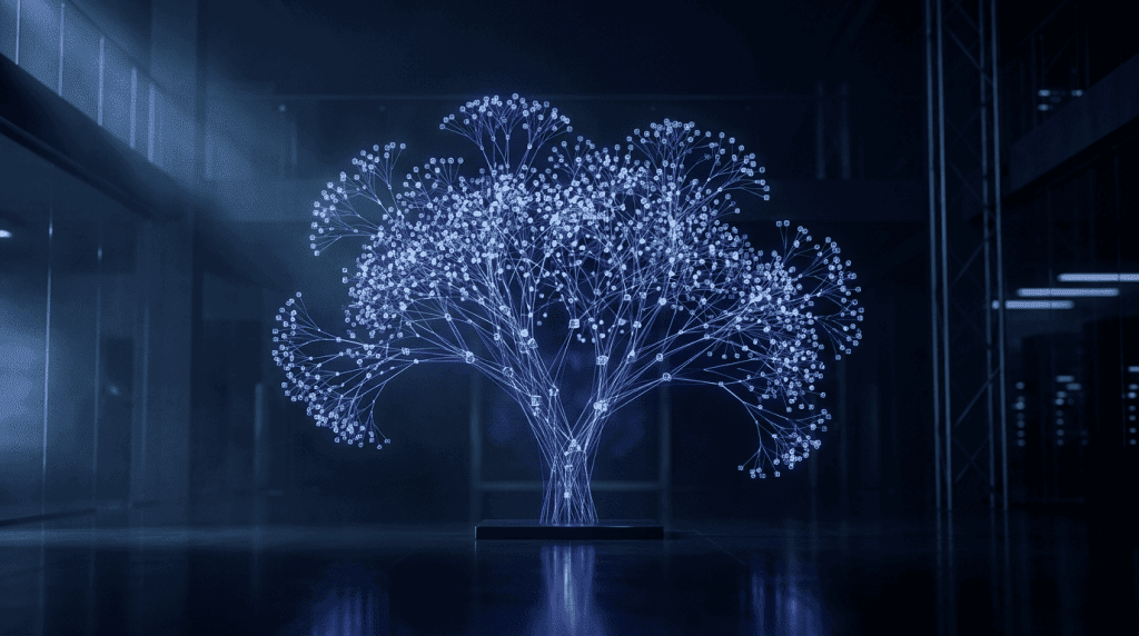 Blue holographic tree of interconnected nodes and branches displayed in a dark data-center like room with a glowing central trunk.