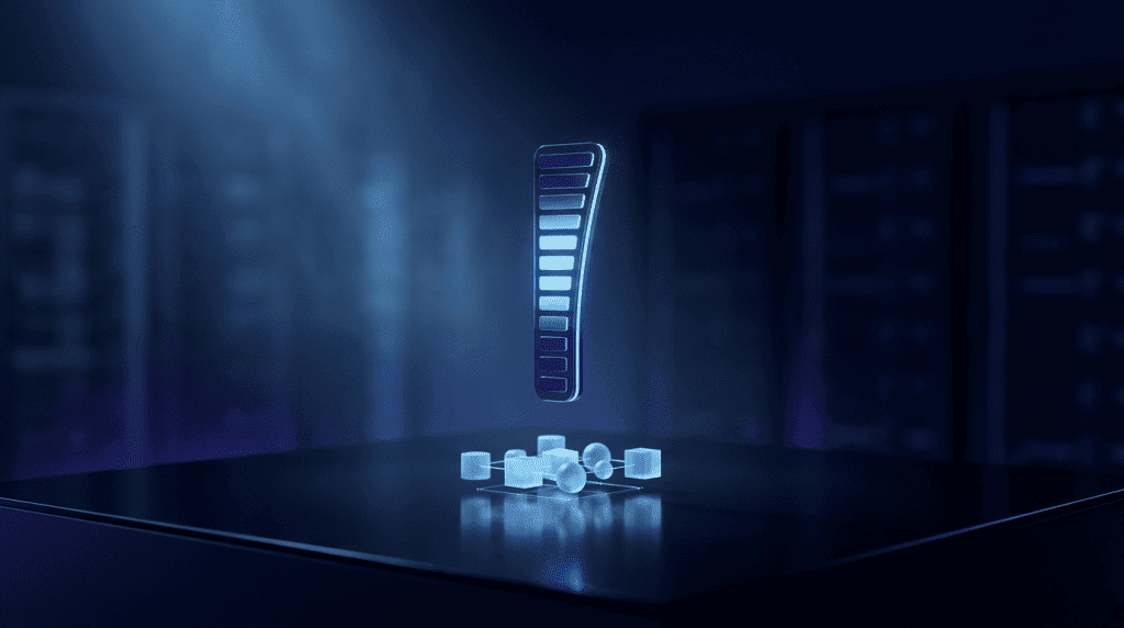 Futuristic neon data bar hovering above a 3D network of cubes and spheres on a dark server-room table.