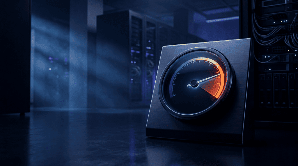 Gauge-style speedometer on a brushed-metal panel in a dim data-center with blue lighting. The needle points toward high range, suggesting performance metrics.