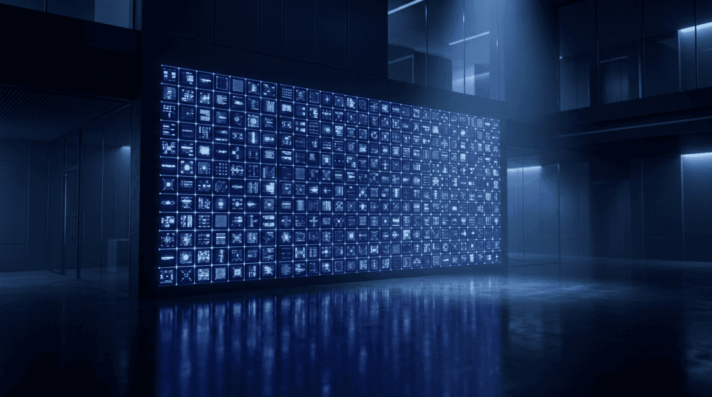 Large wall of glowing blue screens displaying data panels in a dark futuristic room (data wall).