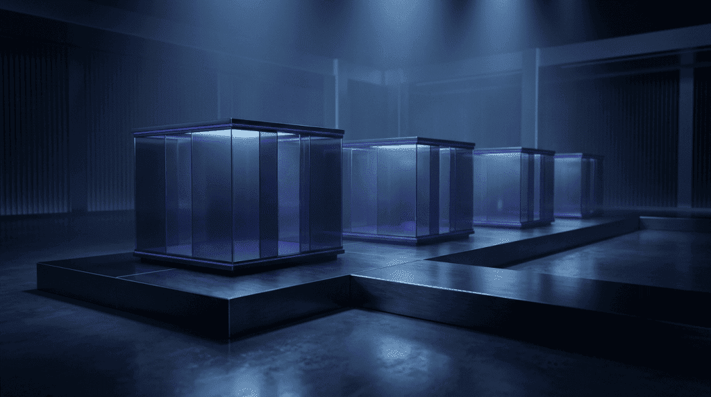 Dimly lit showroom with glass display cases on elevated platforms, bathed in blue neon light.