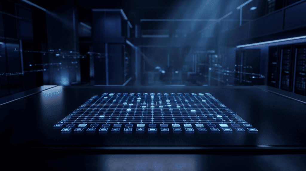 Blue holographic grid of data icons projected on a touch table in a dim server room.