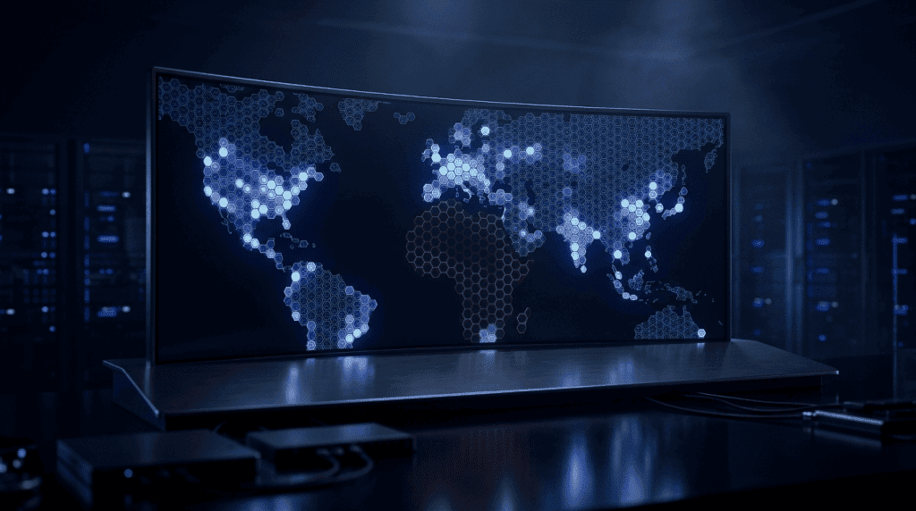 Monitor displaying a blue hex-grid world map with Africa highlighted in red, in a dark data-center setting.