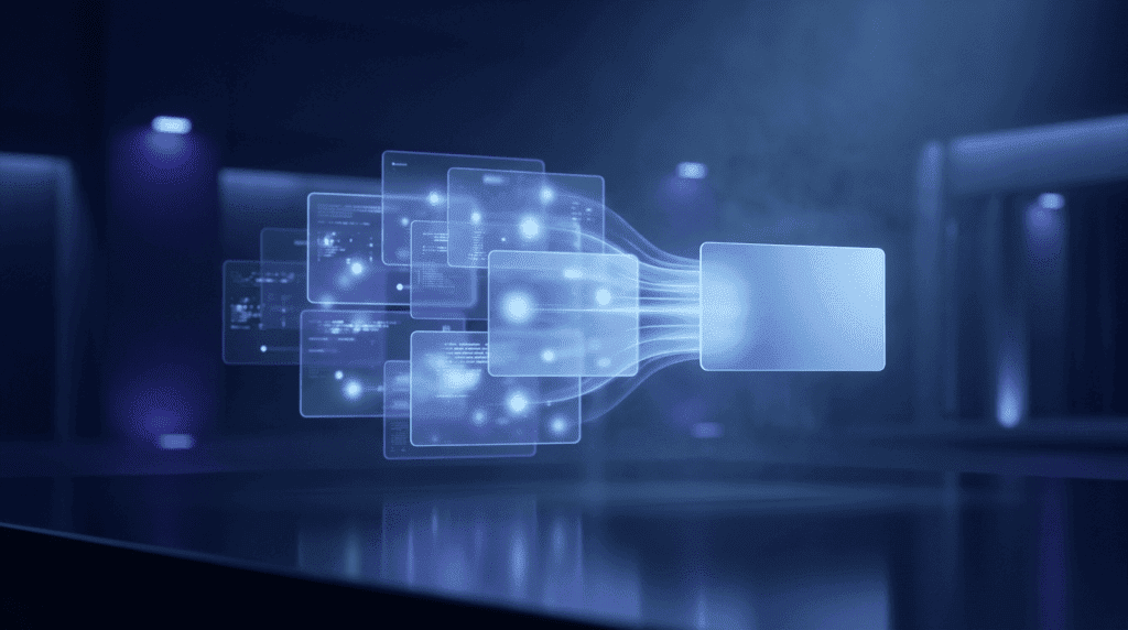 Abstract digital data panels and glowing nodes streaming toward a blue rectangular panel in a dark tech environment.