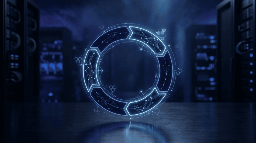 Futuristic glowing circular tech emblem hovering above a dark data center, with network nodes and circuit patterns inside the ring.